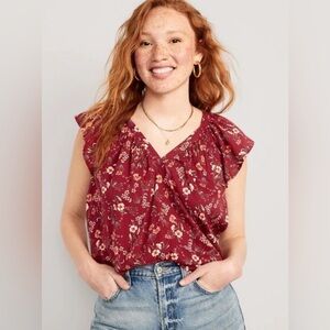 Old Navy Red Floral Blouse with Flutter Sleeves - XL